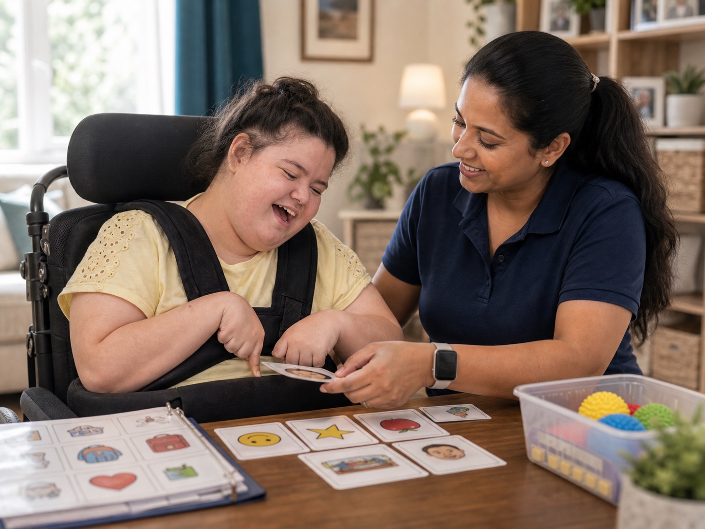 Young adult in wheelchair practicing communication cards with a ButterflyCare support caregiver