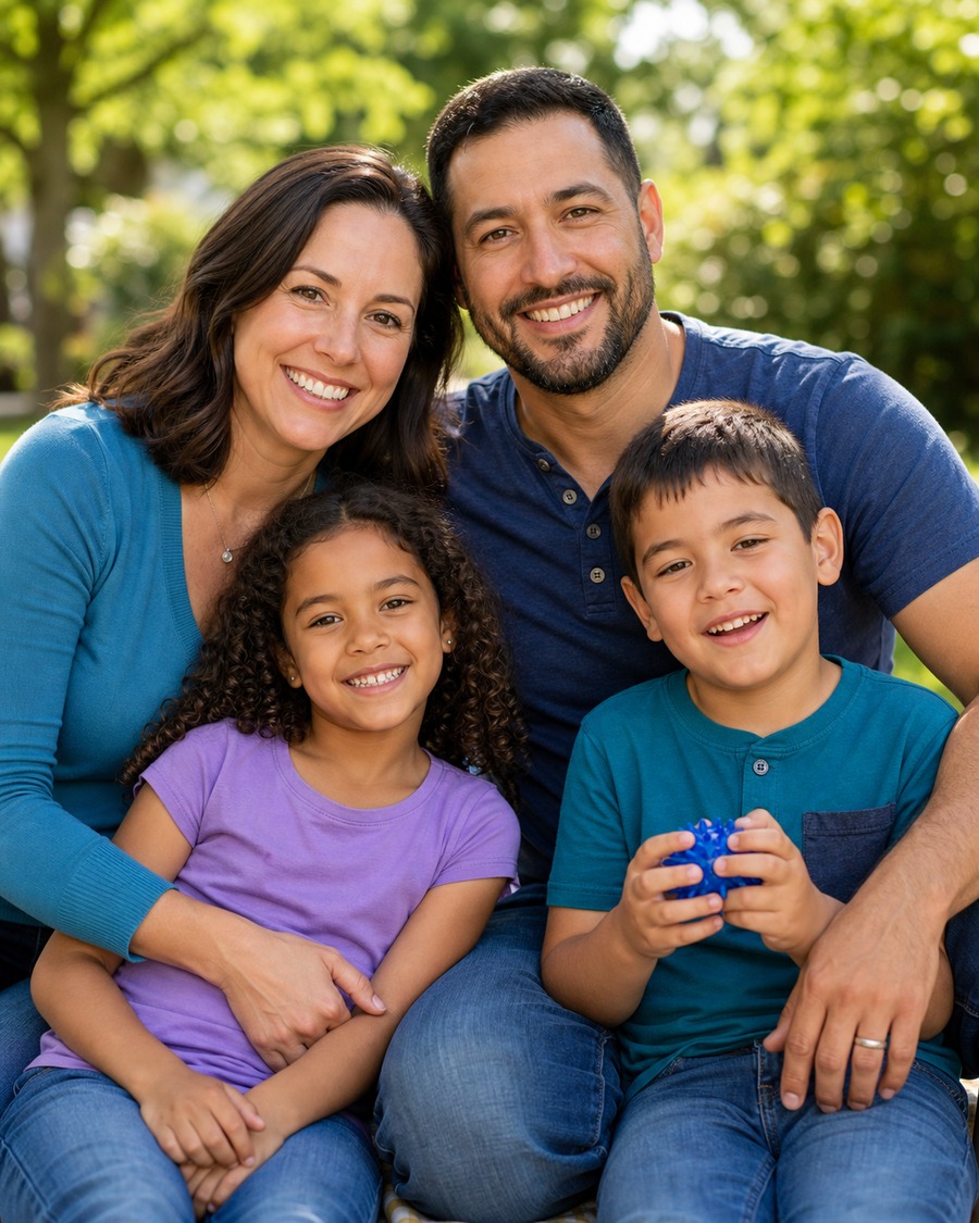 Family smiling together in a warm outdoor setting