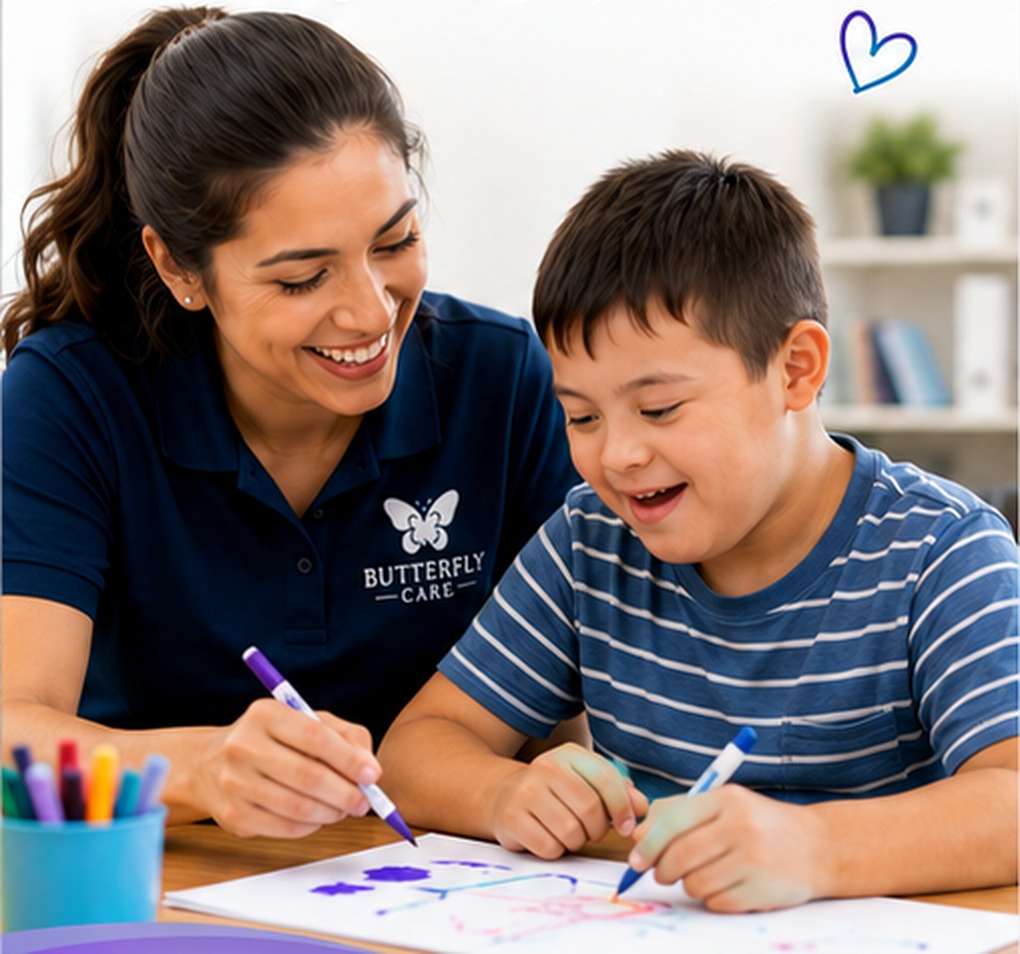 Support worker helping a child with a skill-building activity