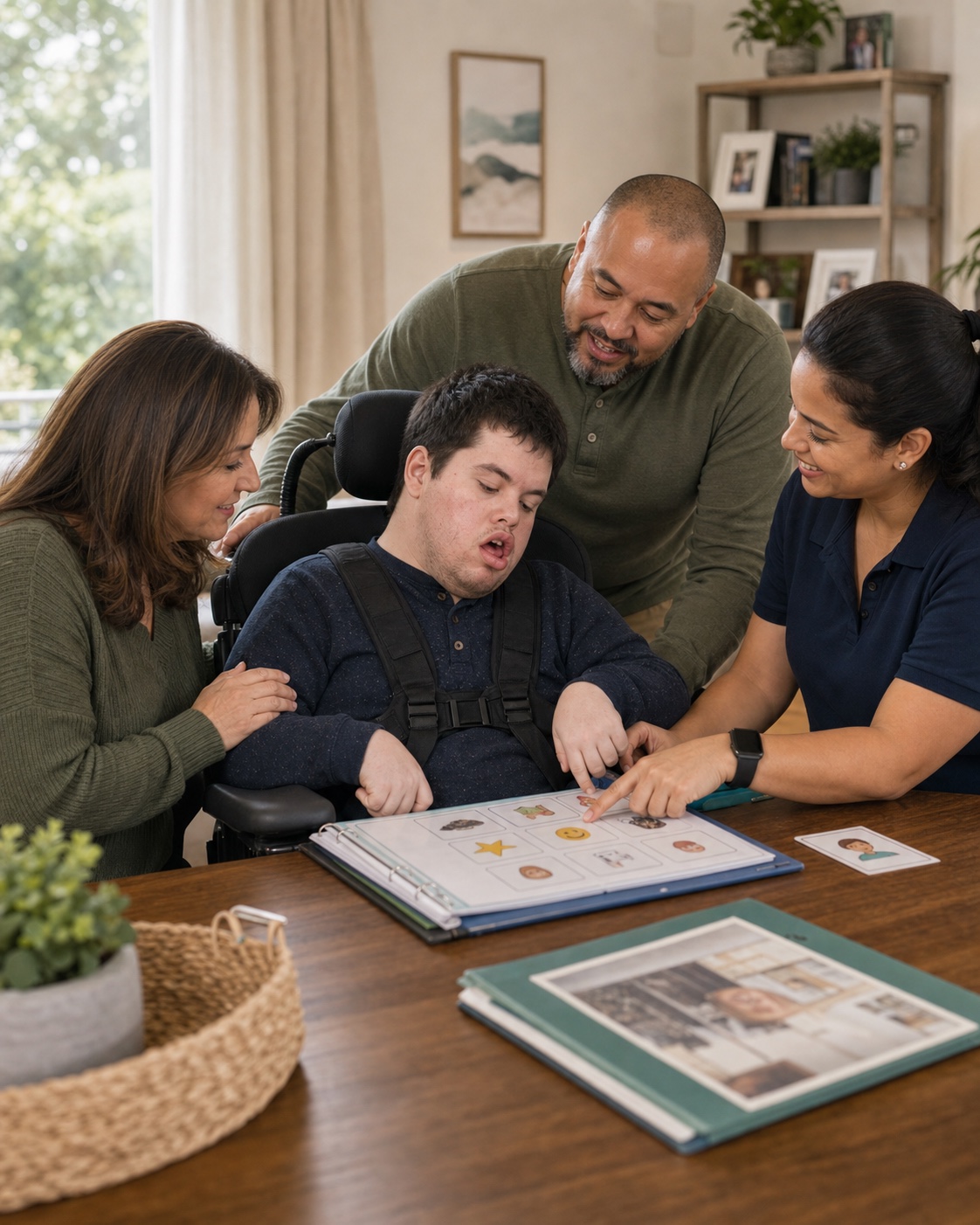 Young adult in wheelchair reviewing a communication activity with family and a ButterflyCare support caregiver