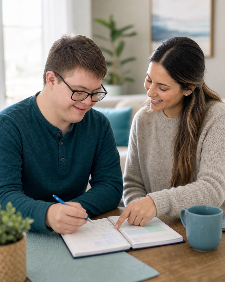 Young adult planning daily routines with a supportive caregiver
