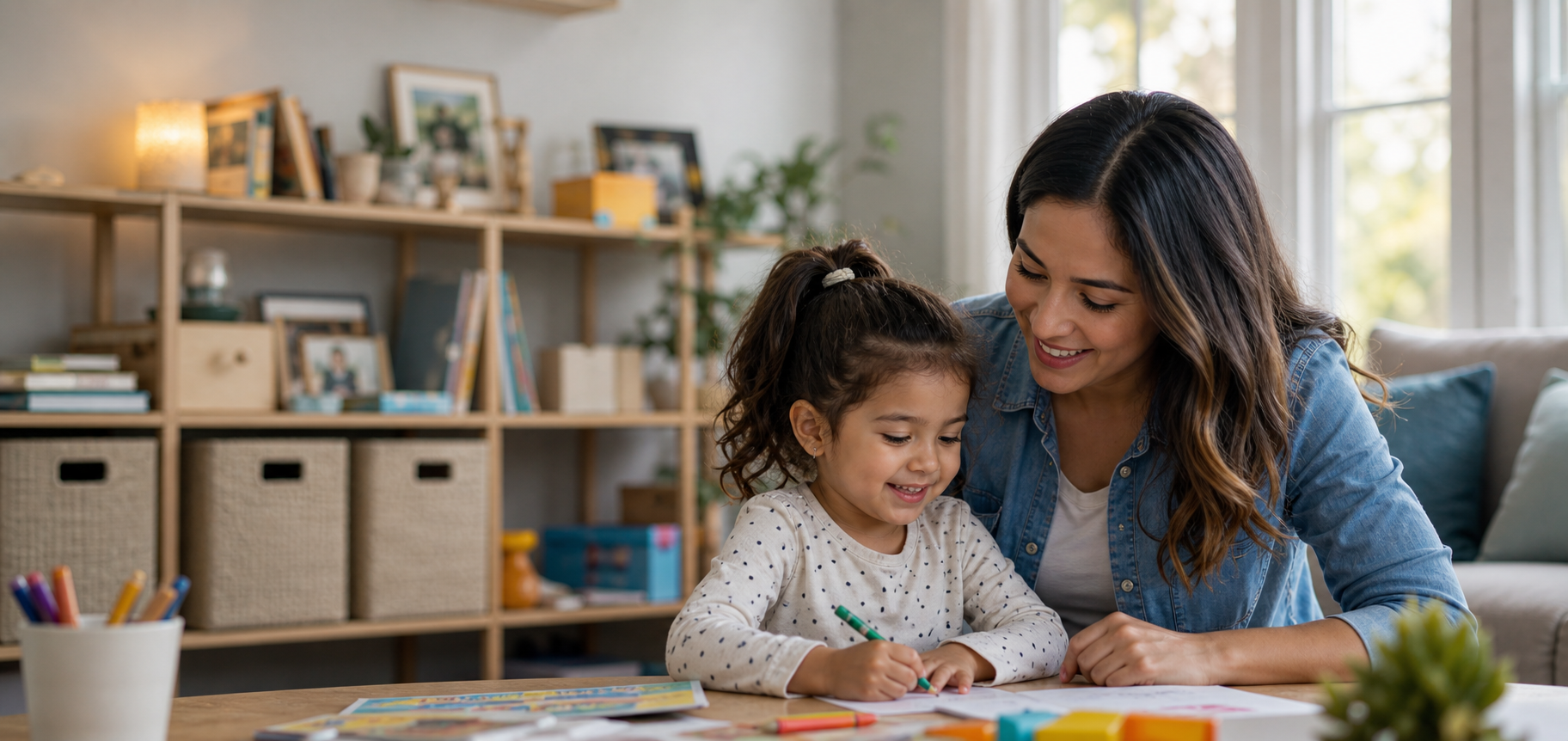 Child practicing a creative daily routine with support