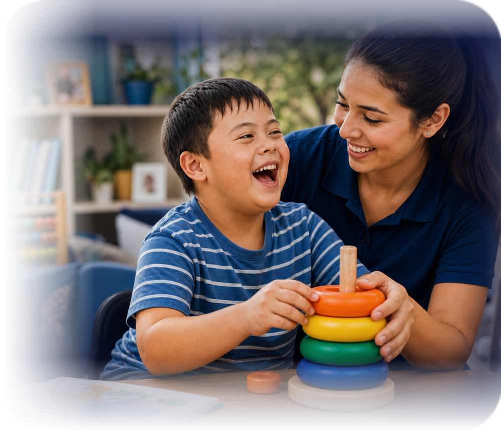 Caregiver supporting a smiling child with a colorful activity