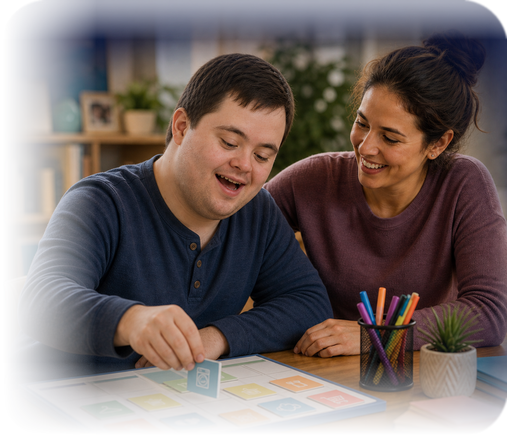 Caregiver supporting a smiling young adult with a colorful activity