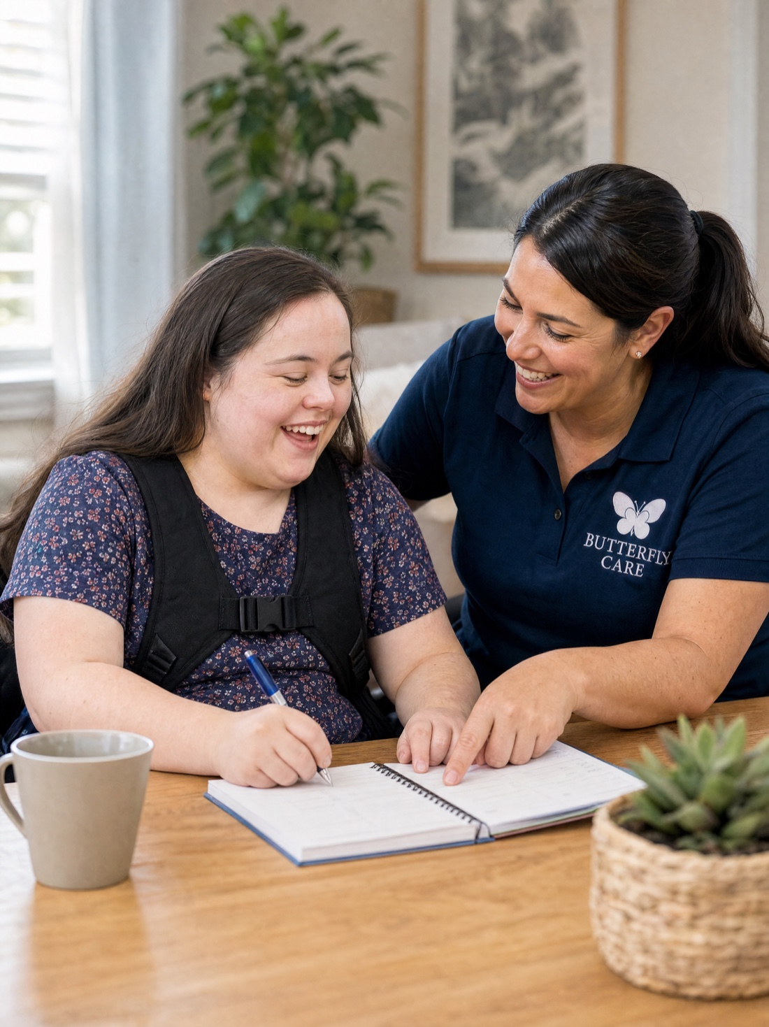 ButterflyCare caregiver supporting a young adult with developmental disabilities during a writing activity