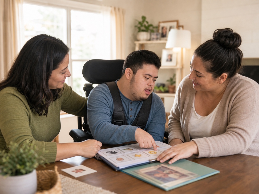 Young adult in adaptive wheelchair support working through a communication activity with family and caregiver