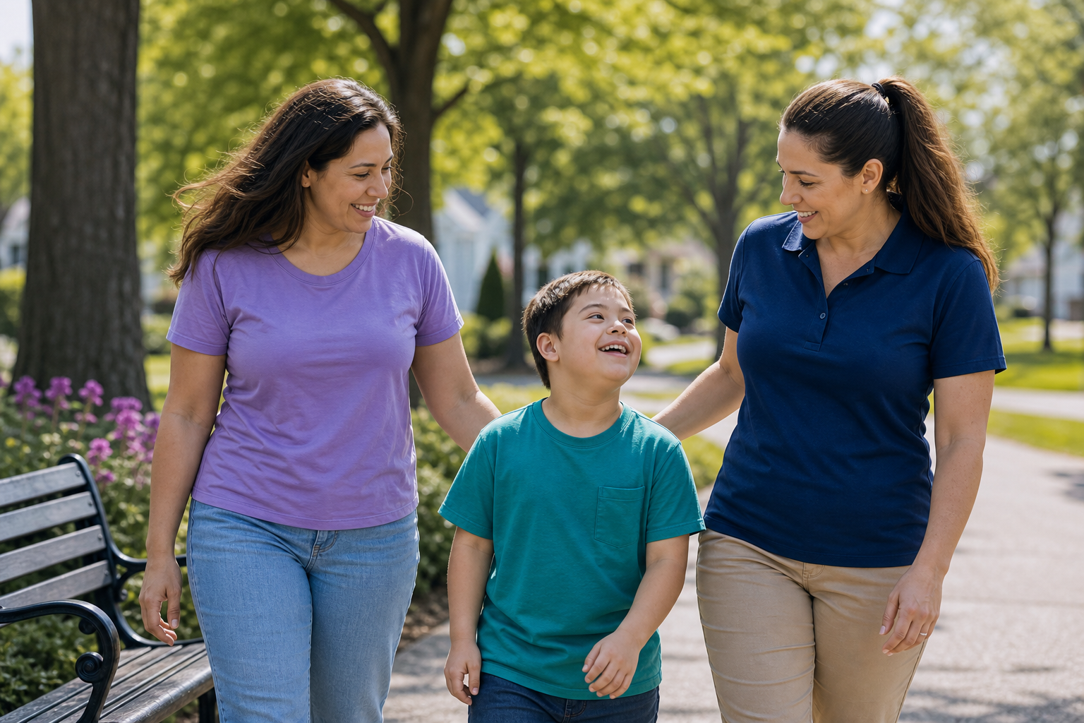 Family walking outdoors with a support professional