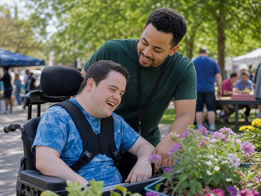Young adult using wheelchair support participating in a community outing with a caregiver