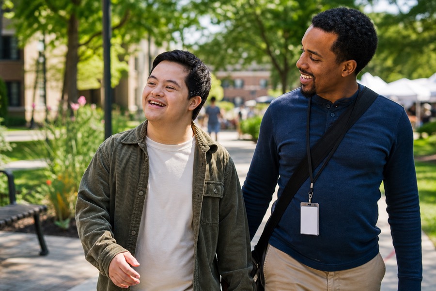 Young adult participating in a community outing with support