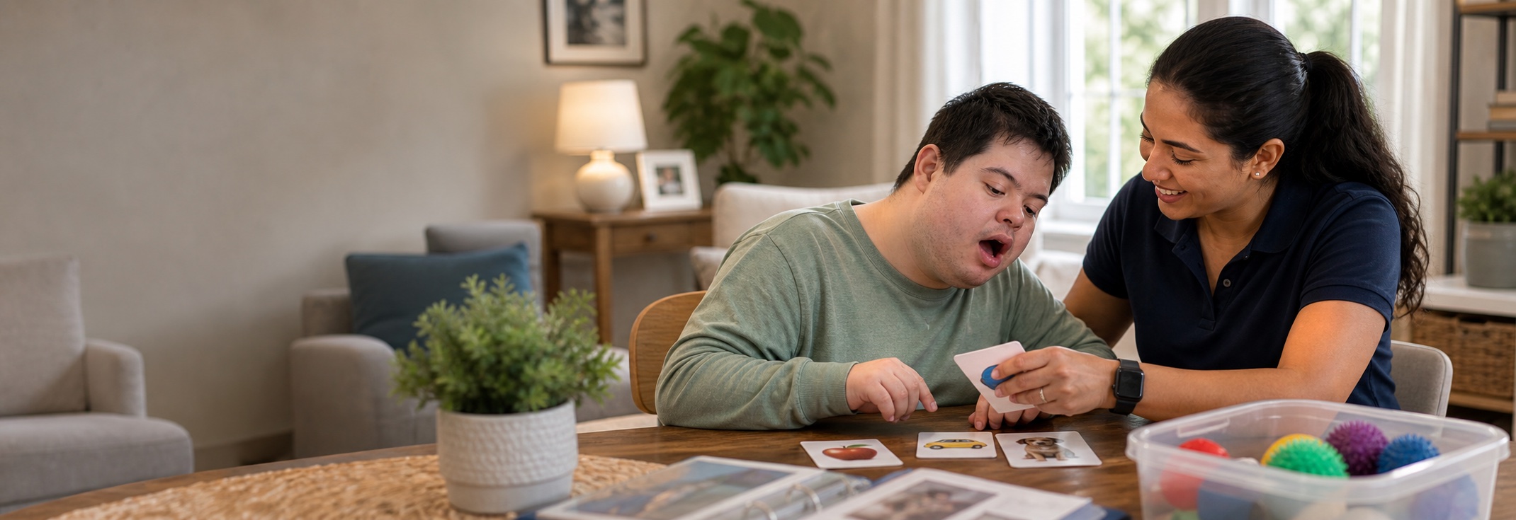 Young adult receiving companion care support with communication cards and a caregiver