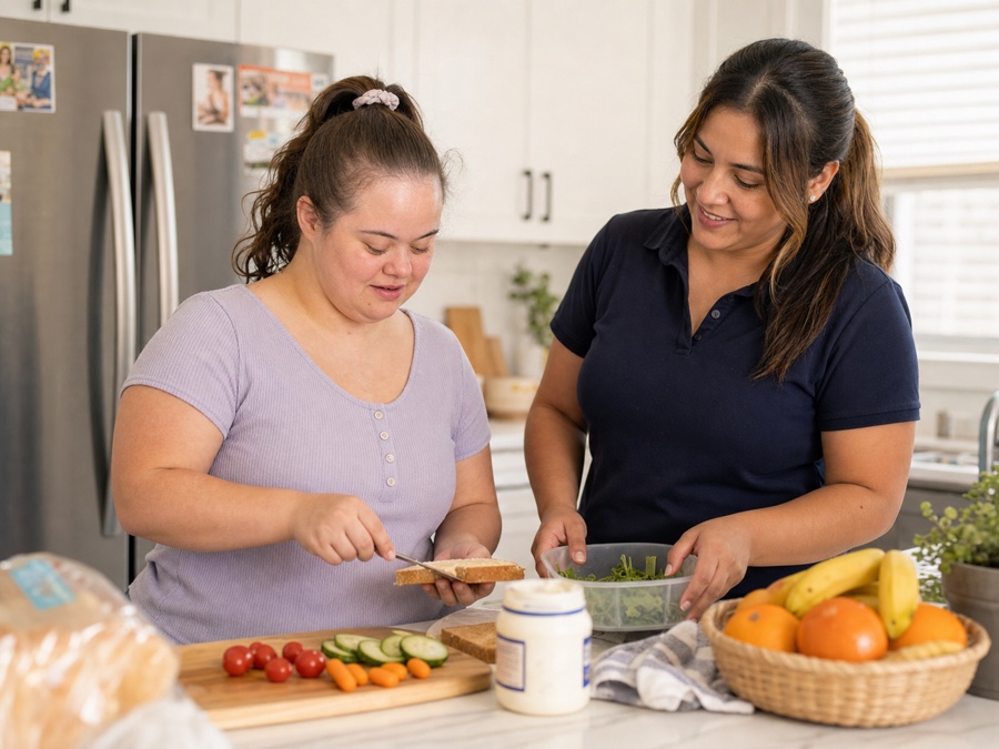 Young adult practicing meal preparation and daily living skills with caregiver support