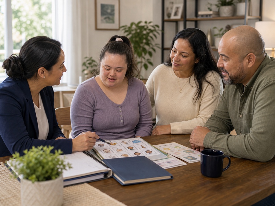 Young adult and family meeting with a support professional for care planning