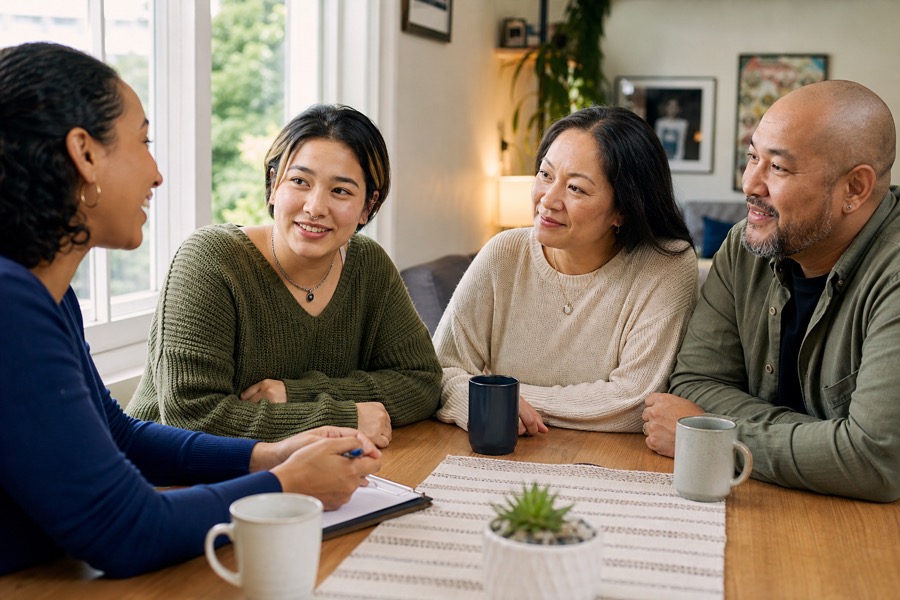 Young adult and family meeting with a support professional