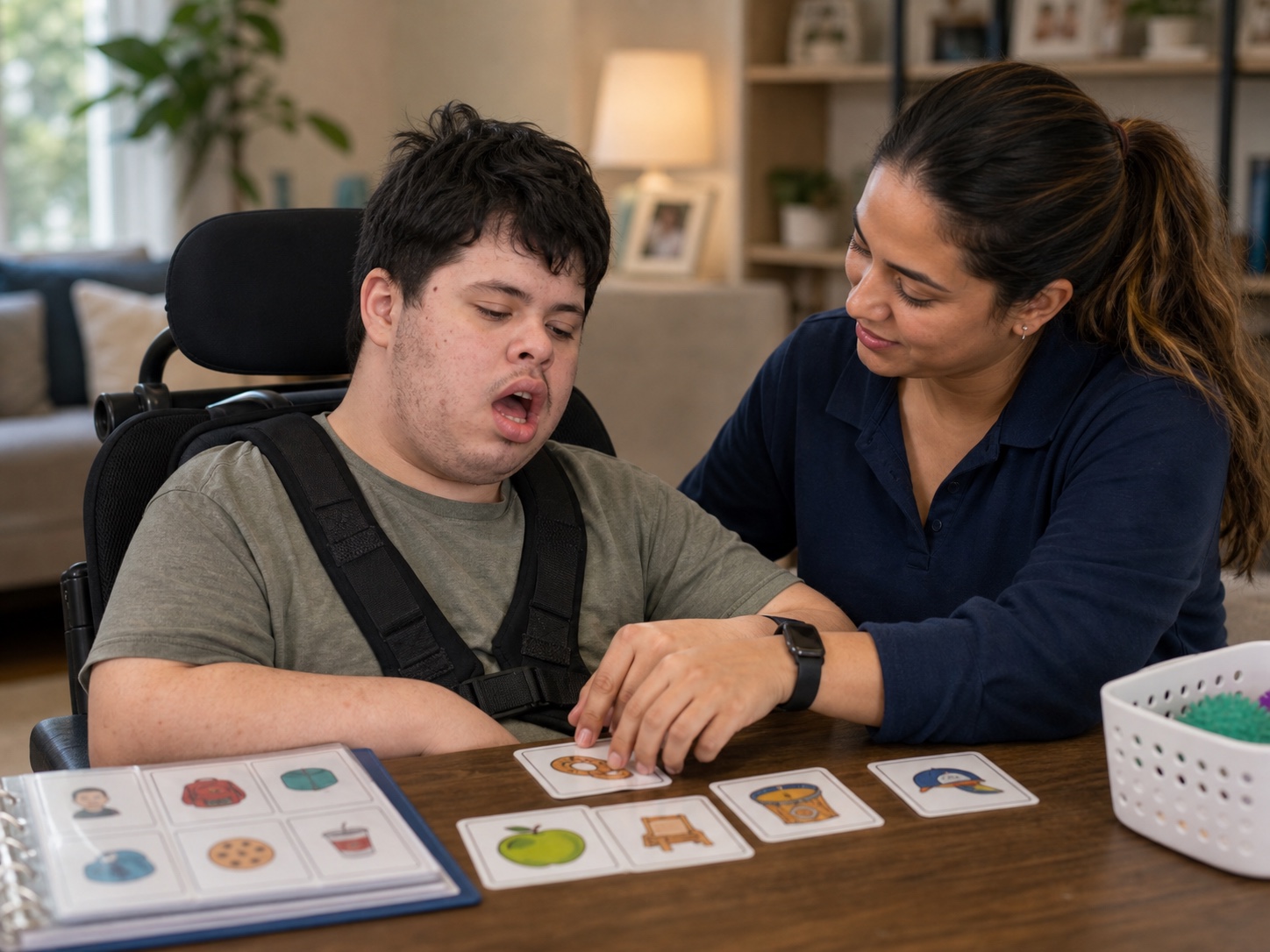Young adult in wheelchair receiving one-on-one individual support with a caregiver