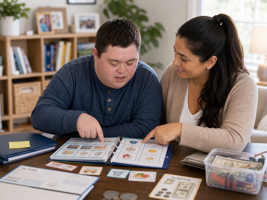 Young adult building life skills with budgeting and planning support