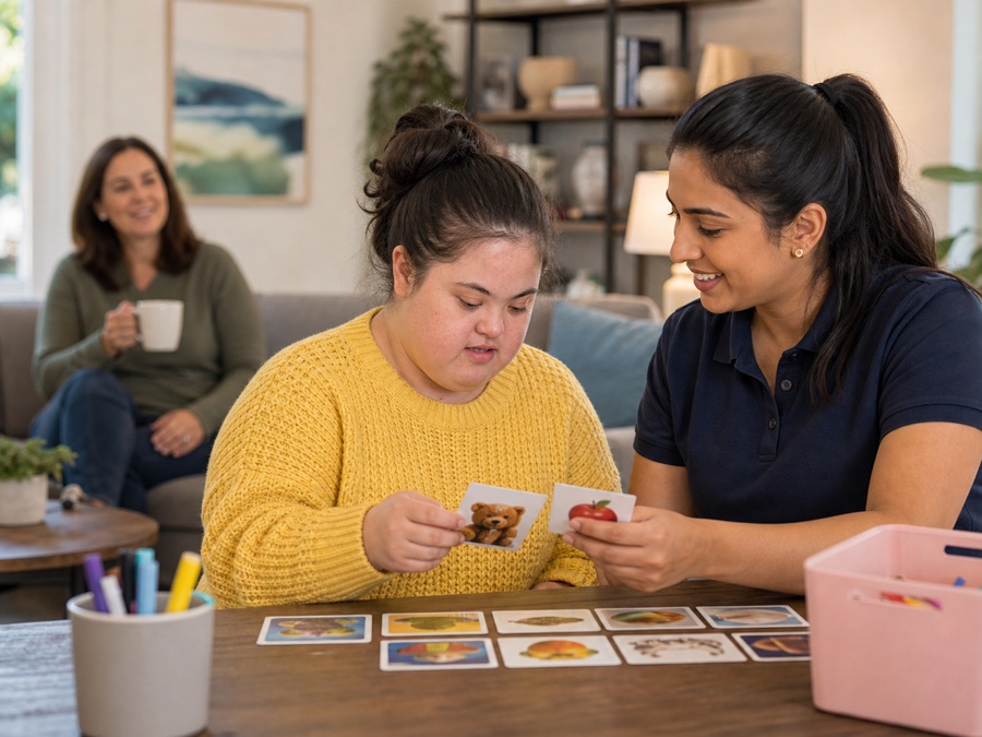 Young adult receiving respite care support at home with a caregiver nearby